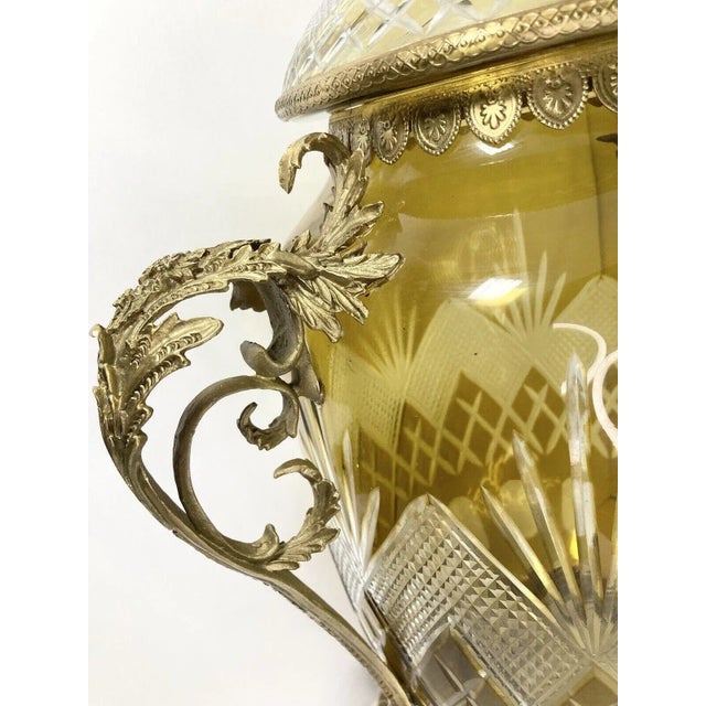 Canary Yellow 1960s Massive French Cut-To-Clear Amber Yellow Crystal Urn, Ornate Brass For Sale - Image 8 of 13