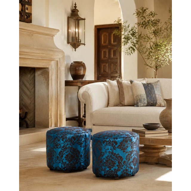 Late 20th Century Pair of Moroccan Art Deco Style Round Upholstered Pouf Stools, American, 1980 For Sale - Image 5 of 11