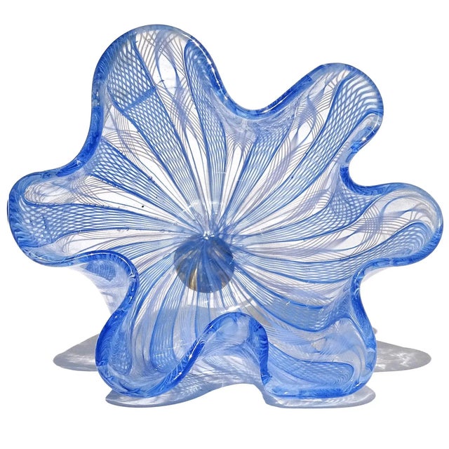 Mid 20th Century Murano Venini Bianconi Blue White Zanfirico Vintage Italian Art Glass Fazzoletto Handkerchief Vase For Sale - Image 5 of 8