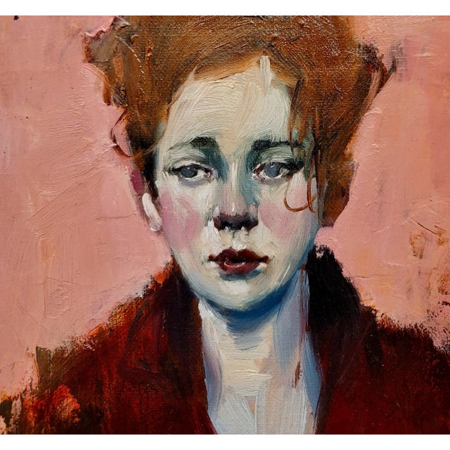 1980s Malcolm Liepke -Melancholic Girl Wearing a Red Coat -Oil Painting For Sale - Image 5 of 10