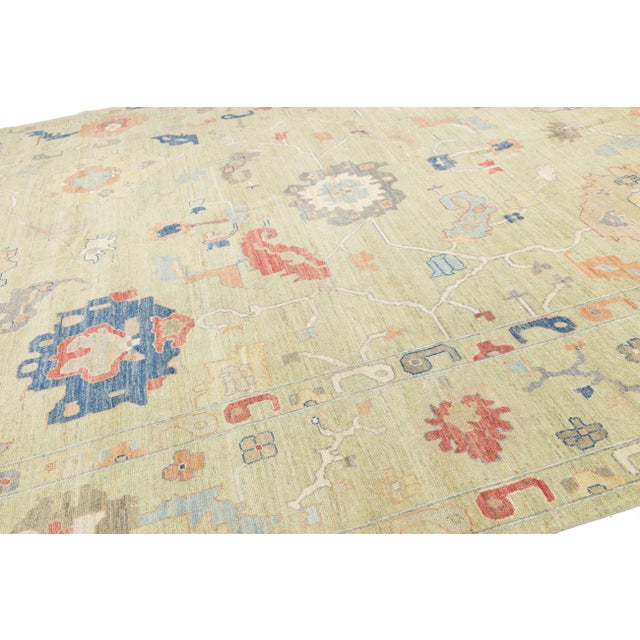 Modern Modern Oushak Style Hand-Knotted Wool Area Rug – Sage Green & Multi 12x16 For Sale - Image 3 of 11
