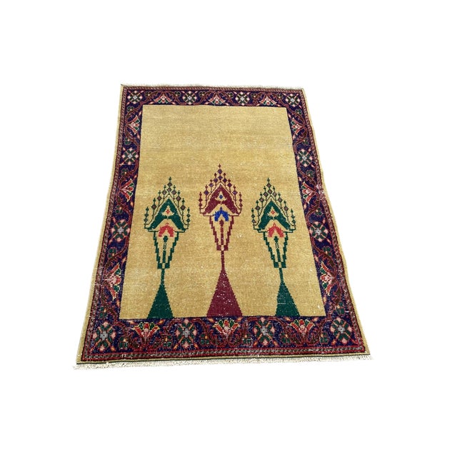 Boho Chic Vintage Gold Turkish Oushak Hand-Knotted Prayer Rug, 03'01 X 04'08 For Sale - Image 3 of 8