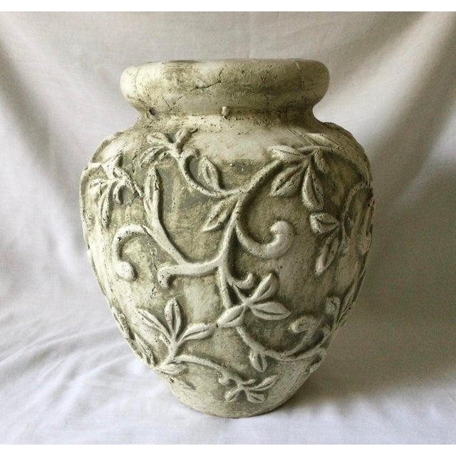 Vintage Italian pottery flower pot or vase with drainage hole. Climbing embossed vine design with green patina look.