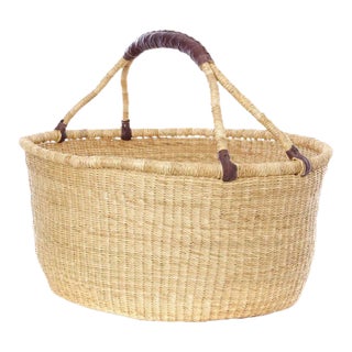 Oversized Bolga Basket With Leather Handle For Sale