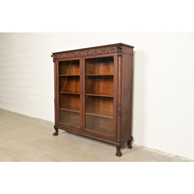 Victorian R. J. Horner Style Victorian Oak Double Bookcase With Carved Lion Heads and Paw Feet, Circa 1890s For Sale - Image 3 of 13