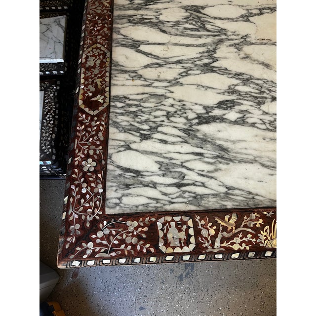 Shell Vintage Chinese Rosewood Mother-of-Pearl Inlaid Dining Set – Rectangular Table + 6 Chairs With Marble Tops For Sale - Image 7 of 12