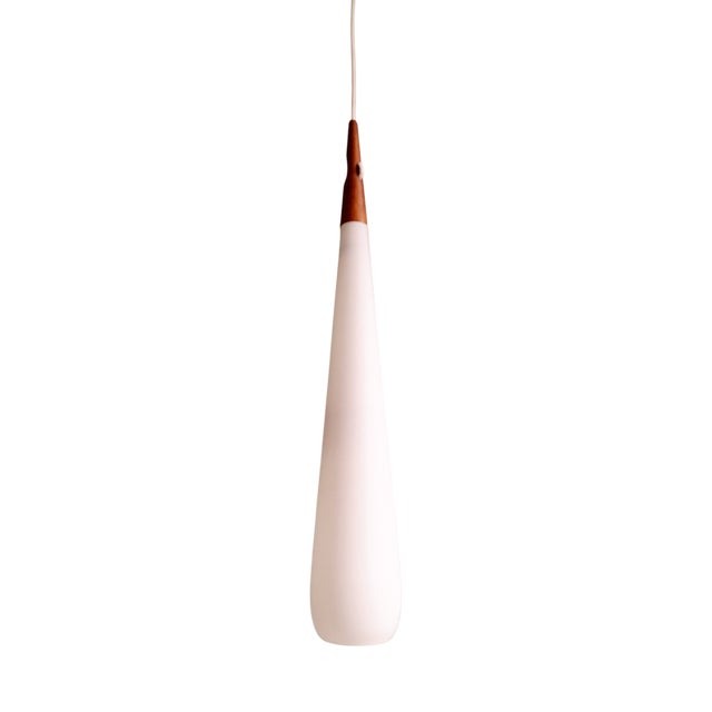 Scandinavian Suspension in White Opaline Glass & Teak by Uno & Östen Kristiansson for Luxus, 1960s For Sale