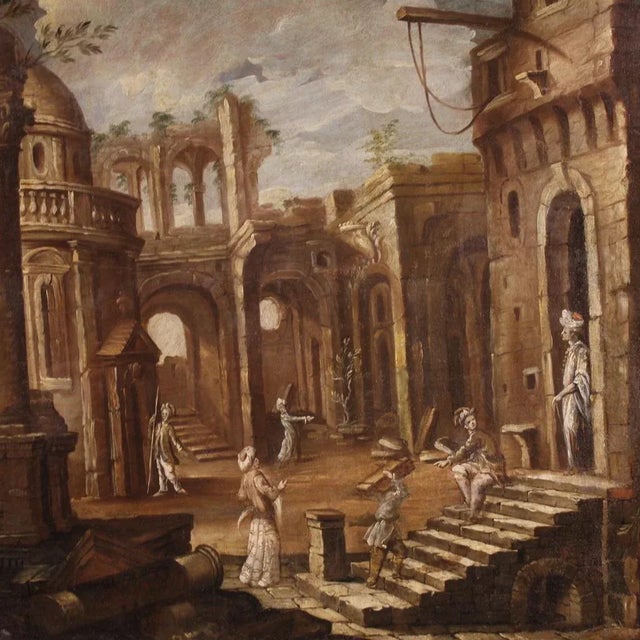 Great 18th-century architectural capriccio with figures. Painting oil on canvas painting depicts an evocative...
