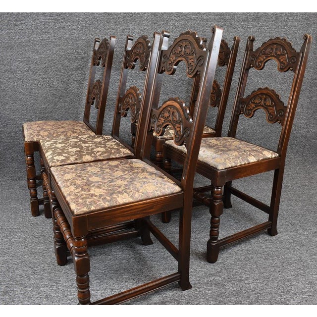 Set of Six Vintage Jacobean Solid Carved Dark Oak Dining Chairs French