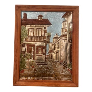 Vintage Mediterranean Village Embossed Metal Relief Wall Art Wood Framed European Scene, Mid Century For Sale