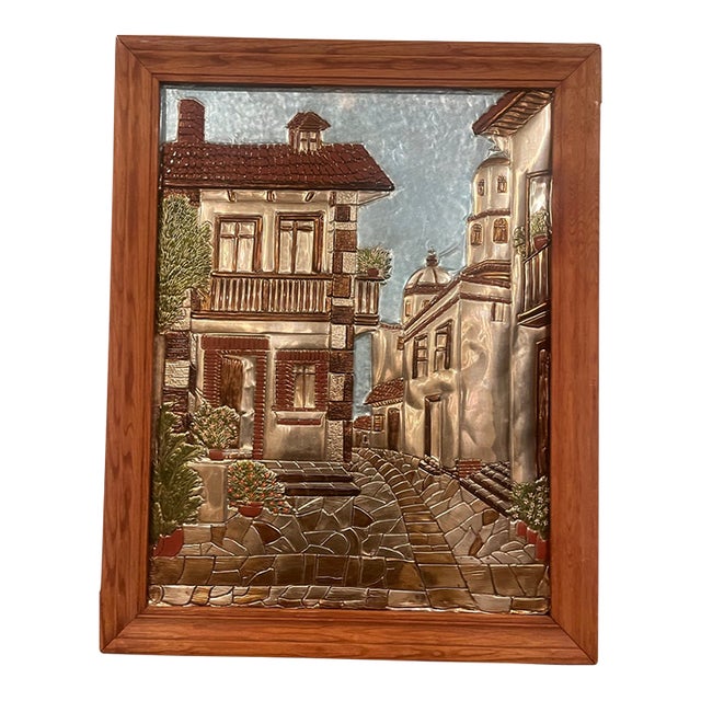 Vintage Mediterranean Village Embossed Metal Relief Wall Art Wood Framed European Scene, Mid Century For Sale