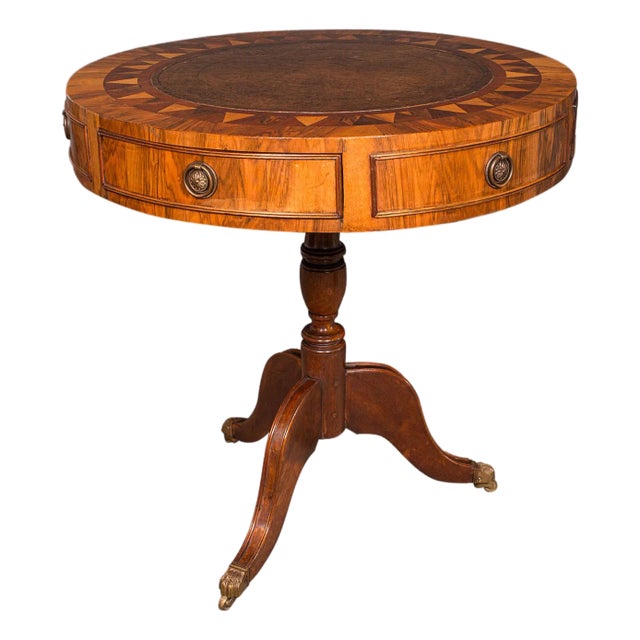 Vintage Rotary Centre Table, English, Walnut, Leather, Games, Regency Revival For Sale