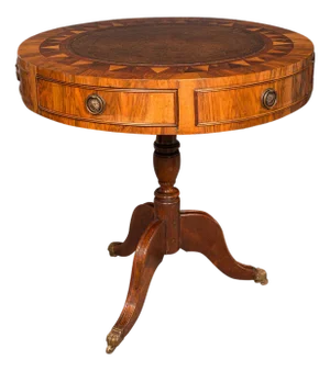 Vintage Rotary Centre Table, English, Walnut, Leather, Games, Regency Revival
