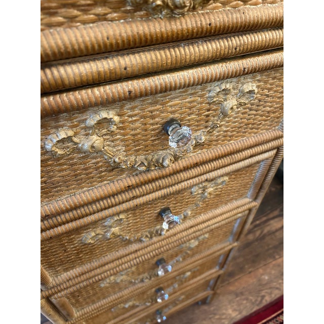 Nantucket Antique Wicker Multi Drawer Tall Chest Commode For Sale - Image 11 of 11