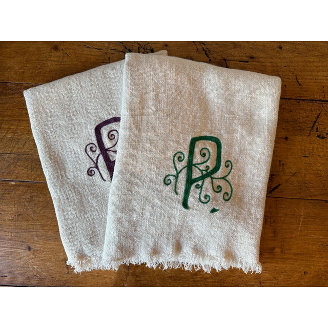 Pair of Beautiful Hand Embroidered & Monogrammed Slub Linen Throw Blankets. Each blanket is monogrammed with an ornate "P"...