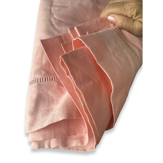 Blush Antique French Linen Sheet Blush Coral Pink Trousseau Textile Ladderwork Detail Hand Pulled Stitch 1920s Romantic Bedding Fabric For Sale - Image 8 of 11