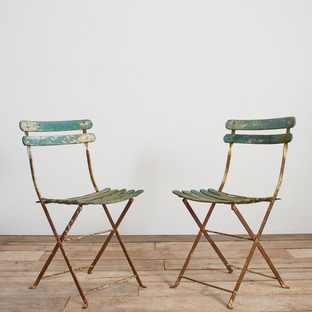 Antique French Folding Slatted Garden Bistro Chairs, 1920s, Set of 2 For Sale - Image 15 of 15