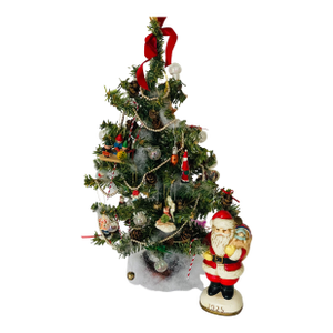 Cute 12” Miniature Christmas Tree With Porcelain Santa Claus