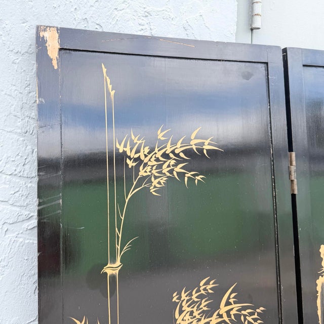 Black Chinese Hand Painted and Mother of Pearl Room Divider/Screen - 4 Panels For Sale - Image 8 of 12