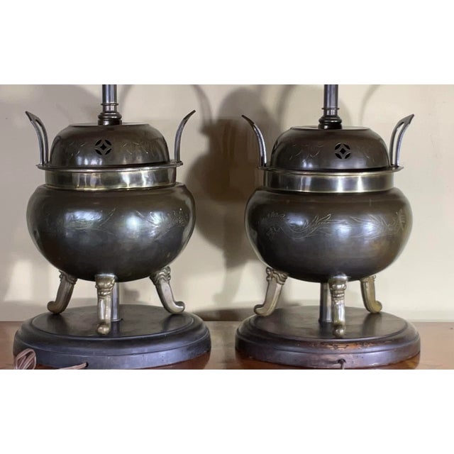 Pair of Antique Chinese Incence Burner Table Lamp For Sale - Image 4 of 13