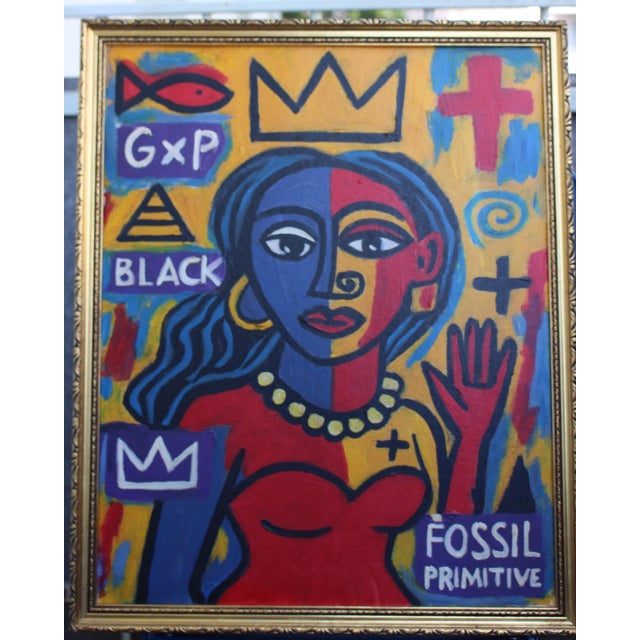 Late 20th Century Neo-Expressionist Bright Bold Color Post Modern Cubist Portrait Painting For Sale - Image 4 of 9