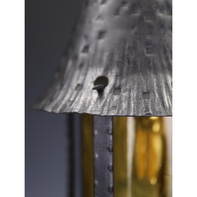 Metal Antique Arts and Crafts Wrought Iron and Hand-Blown Amber Glass Pendant Lantern, 1890 For Sale - Image 7 of 11