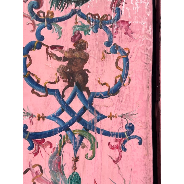 Pair of Vintage Large Continental European Chinoiserie Oil on Leather Panel Paintings For Sale - Image 13 of 14