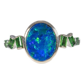 Boulder Opal Cabochon Ring With Tsavorite Garnet Accents: Solid 14k Gold, Size 6.75 For Sale