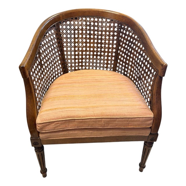 Vintage French Regency Style Cane Barrel Back Armchair From Beachler’s Drexel Heritage Gallery For Sale