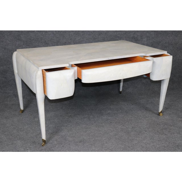 Art Deco Style Maitland Smith Brass Shagreen Printed Leather Desk For Sale - Image 10 of 13
