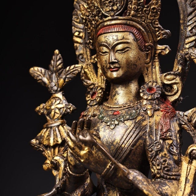 Vintage Gilt Bronze Seated Buddha, High Relief Carving With Flanking Vines For Sale - Image 9 of 10