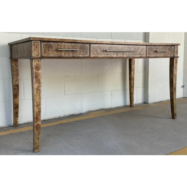 Original retail $5653, stylish Jonathan Charles Modern Golden Amber Burl Wood Fulgurite Writing Desk, three drawers, satin...