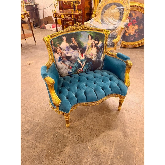 French Vintage French Louis XVI Style Tuffed Bergere Victorian Armchair For Sale - Image 3 of 7