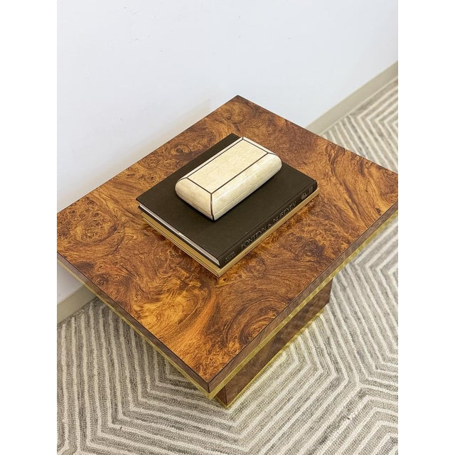 Mid 20th Century Milo Baughman Style Burlwood Brass Trim Side Table Vintage MCM Postmodern Accent For Sale In Tampa - Image 6 of 11
