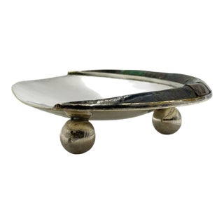 1960s Los Castillo Taxco Silver Plate Tripod Catchall With Lapis & Azurite Stone Inlay For Sale