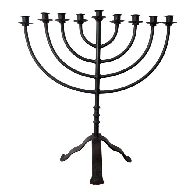Mid 20th Century Large Hand Crafted Iron Menorah For Sale