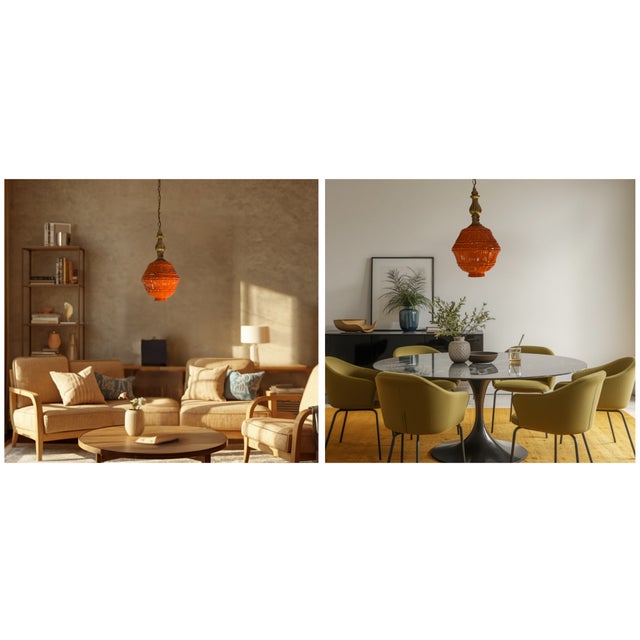 Mid-Century Distressed Orange Pressed Glass Pendant Light For Sale - Image 11 of 18