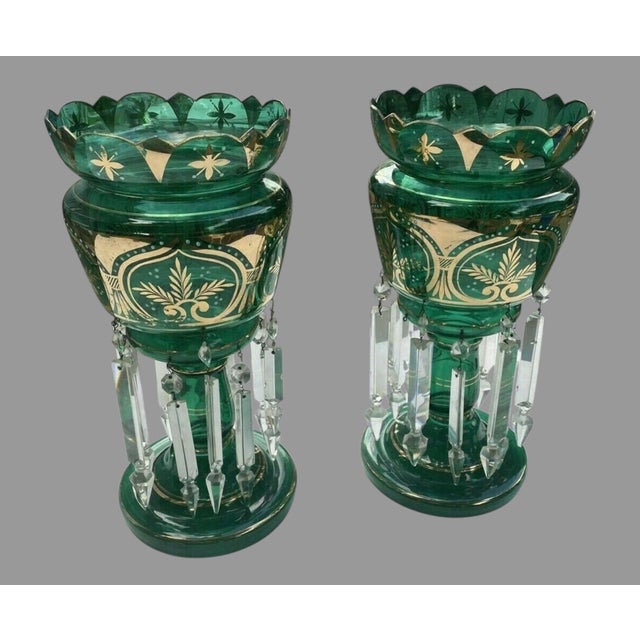 Glass Pair Antique Victorian 14" Emerald Green & Gilt Art Glass Mantle Lusters With Prisms For Sale - Image 7 of 12