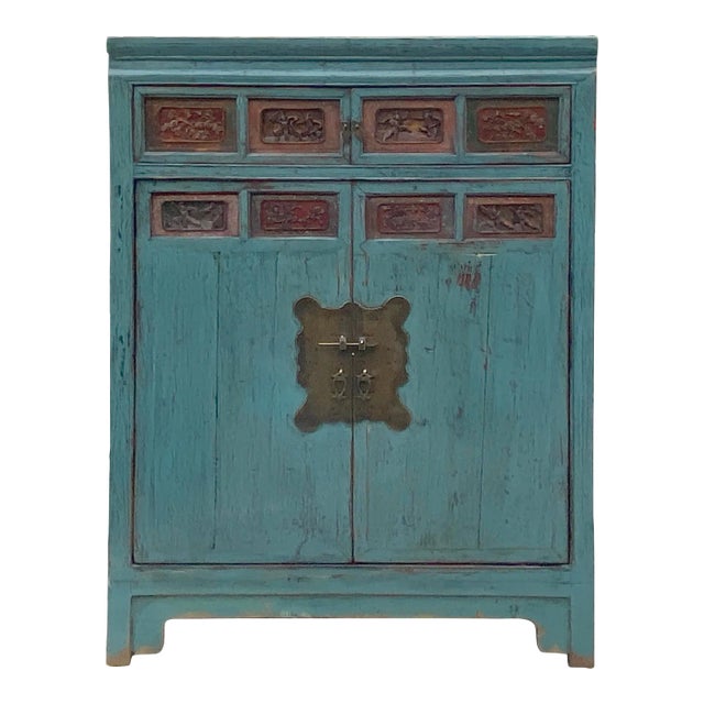 Chinese Vintage Carving Panel Tall Credenza Blue Storage Cabinet For Sale