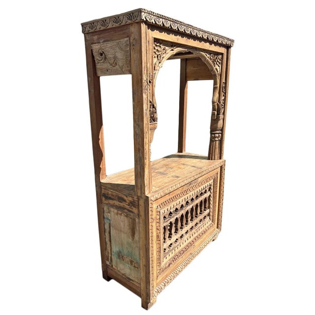 Stunning vintage carved teak wood arch canopy bar counter. Special piece with intricate hand carved original details. Can...