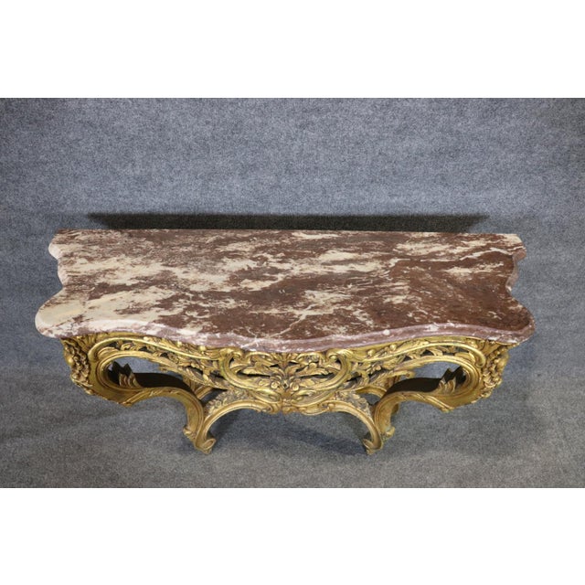 Gold French Louis XV Giltwood Marble Top Wall Mounted Console Table C. 1870s For Sale - Image 8 of 9