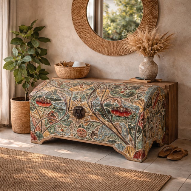A one-of-a-kind hand-painted teak wood storage trunk featuring an intricate botanical folk art motif in rich greens, teal,...