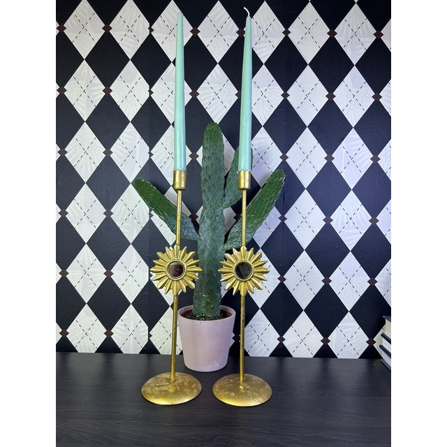 Metal Vintage Hollywood Regency Gilt Metal Sunburst Mirror Candlesticks, Pair For Sale - Image 7 of 13