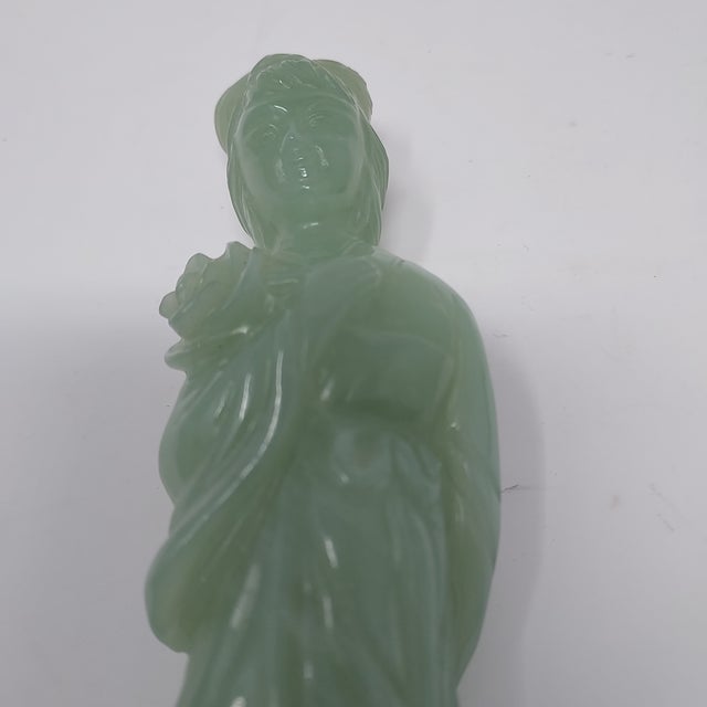 Late 20th Century Chinese Carved Jade Goddess Figure Holding a Lotus Flower on Wood Base 6" Tall For Sale - Image 9 of 10