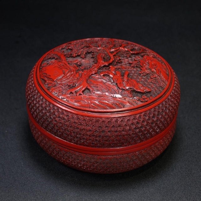 Late 20th Century Carved Cinnabar Lacquer Box With Landscape and Scholar Scene For Sale - Image 4 of 9