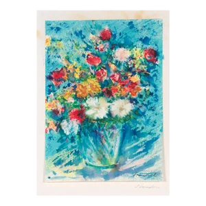 Colorful Floral Stil LIfe 20th C. Watercolor & Mixed Media