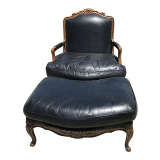 1980s Vintage Black Leather Chateau d'Ax Bergere Chair and Ottoman For Sale