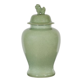 Crackle Green Celadon Lidded Vase with Stylized Foo Dog Finial For Sale