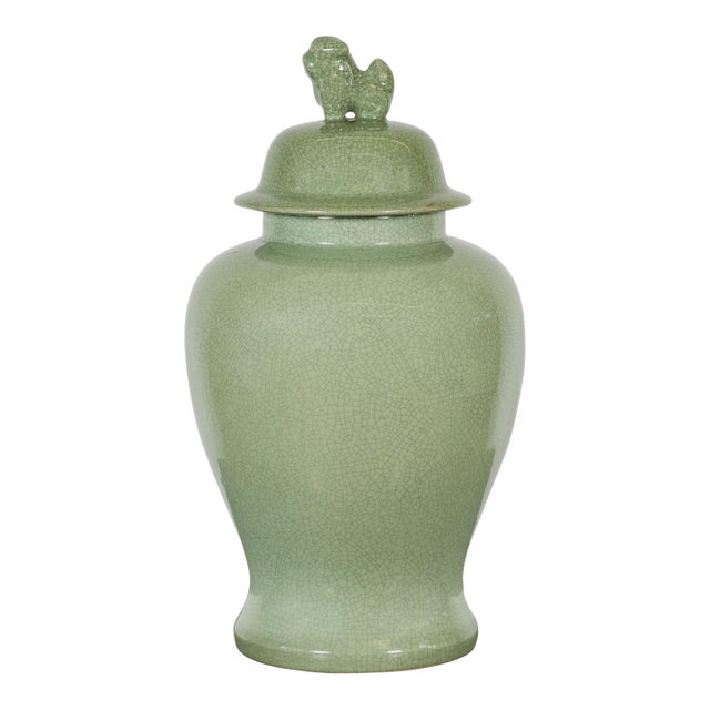 Crackle Green Celadon Lidded Vase with Stylized Foo Dog Finial For Sale
