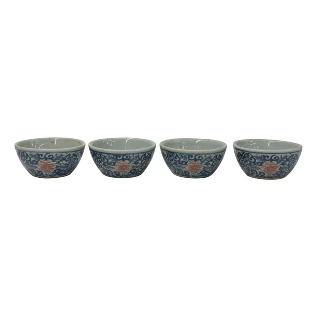 4 X Chinese Porcelain Blue White Red Flowers Cup Display Art For Sale